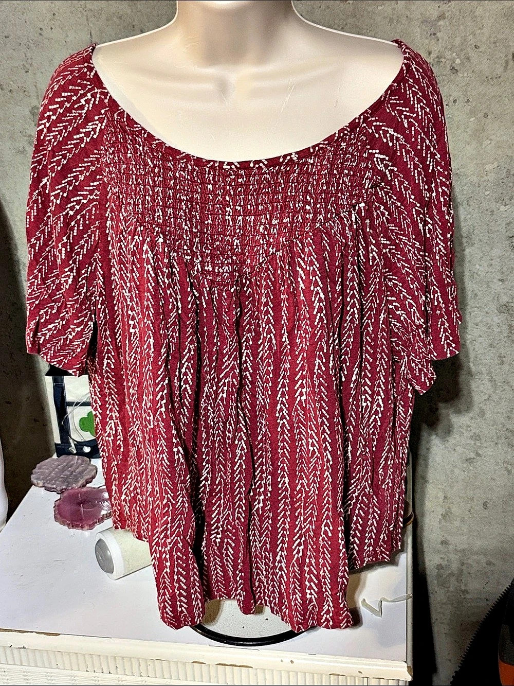 Lucky Brand Smocked Short Sleeve Top Women's Tunic Red & White Large